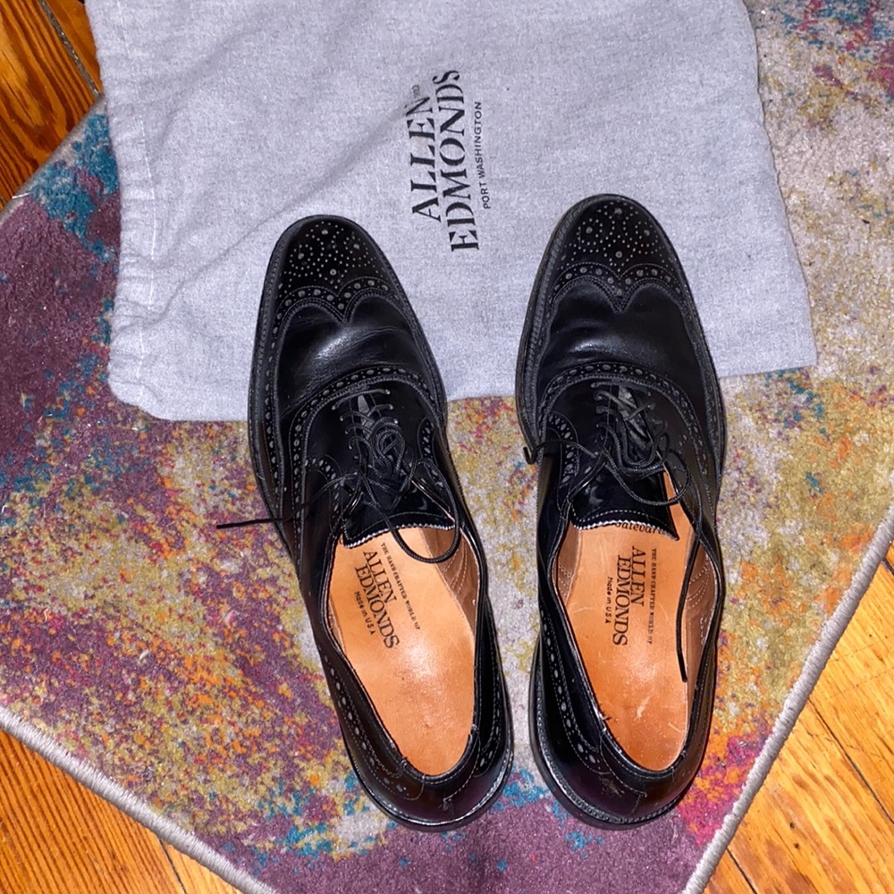 men’s allen edmonds boulevard wingtip black leather oxford shoes 10